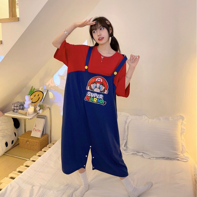 One-piece Pajamas Women's Summer Thin Pure Cotton Short-sleeved Cartoon Mario Loose-fit Student Dormitory Outwear Home Clothes