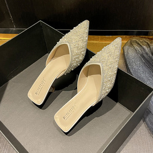 2025 New Summer Cyber Celebric Rhinestone Half Slippers with Baotou Sandals High-heeled Slippers Women's Outer Wear Fashionable Thin-heeled Pointed Slippers