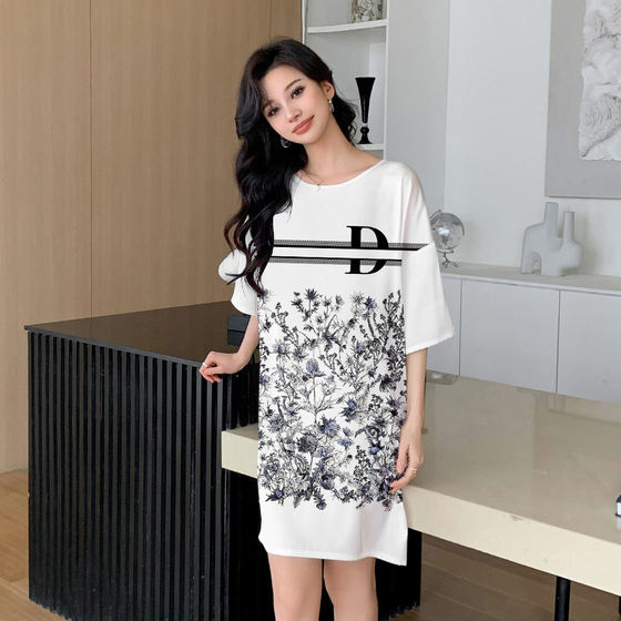 Yao Ting Simple Casual Loose Spring and Summer New Home Clothes Color Crewneck Nightdress Age-reducing Pajamas 3523