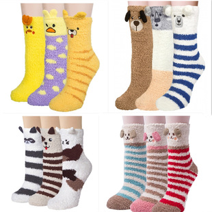 Wholesale coral fleece women's socks 3 pairs of autumn and winter warm loose floor socks Japanese cartoon plush confinement sleep socks