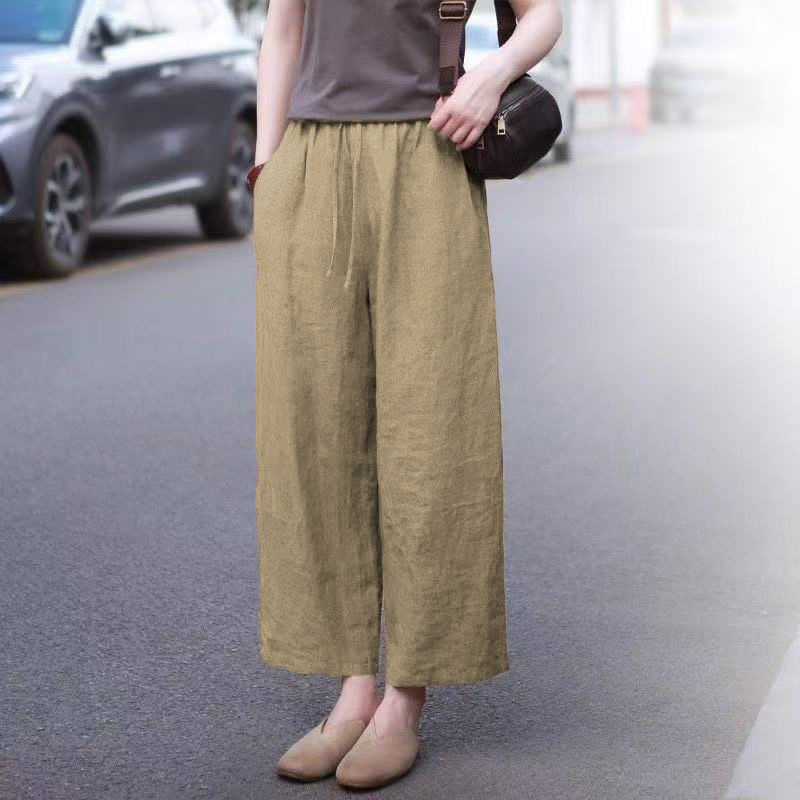 Artistic Cotton and Linen Wide-Leg Pants 2025 Summer Women's High-Waisted Casual Fashion Simple Straight-Leg Pants Solid Color Cropped Pants