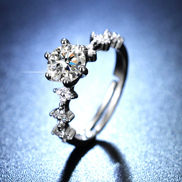 Ring one carat, adjustable open band with AAA zirconia, silver-layer plating