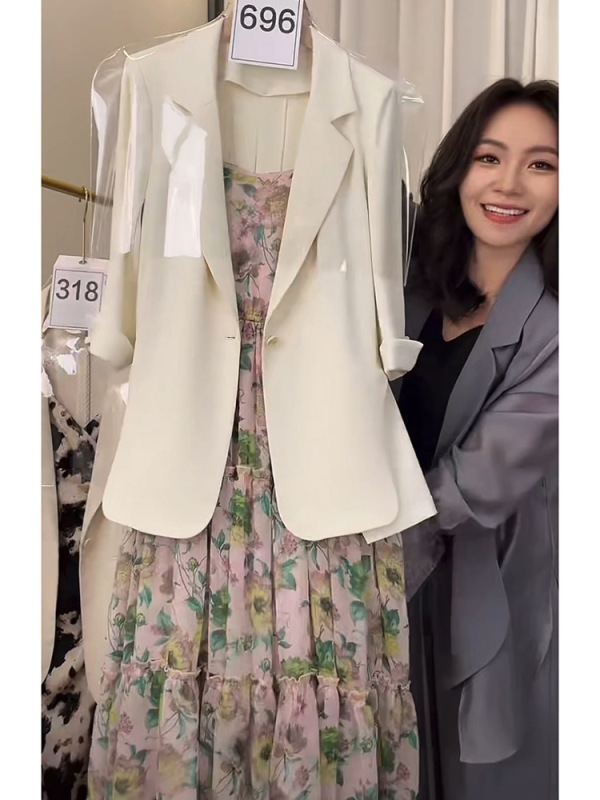 2025春夏新款小香风薄款西装套装女法式小众气质碎花吊带连衣裙子|undefined