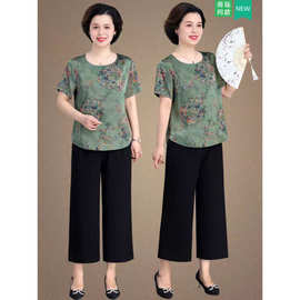 新中式圆领短袖印花T恤2025国风中老年妈妈宽松休闲半袖大码上衣