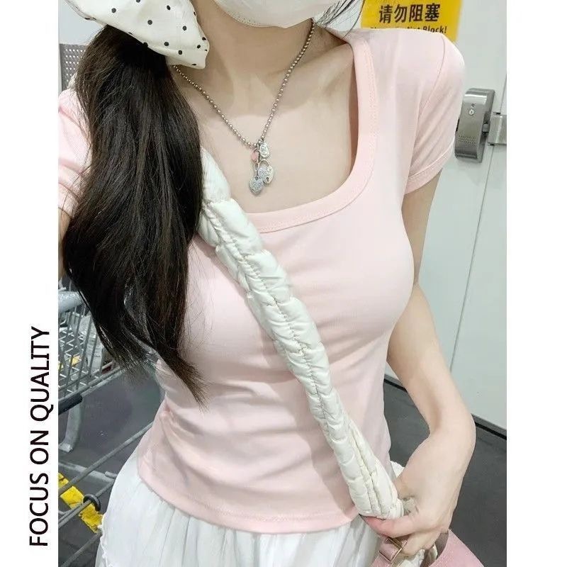 Pure Desire スクエアネック半袖 Tシャツ女性のための夏 2025 新しいスレッドショルダー甘いホットガールシックなショートティートップ|undefined