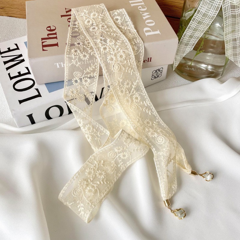 Pequeña correa de cabello personalizada nueva flor de encaje coreano decoración bufandas pequeñas bufandas delgadas colgante largo seda