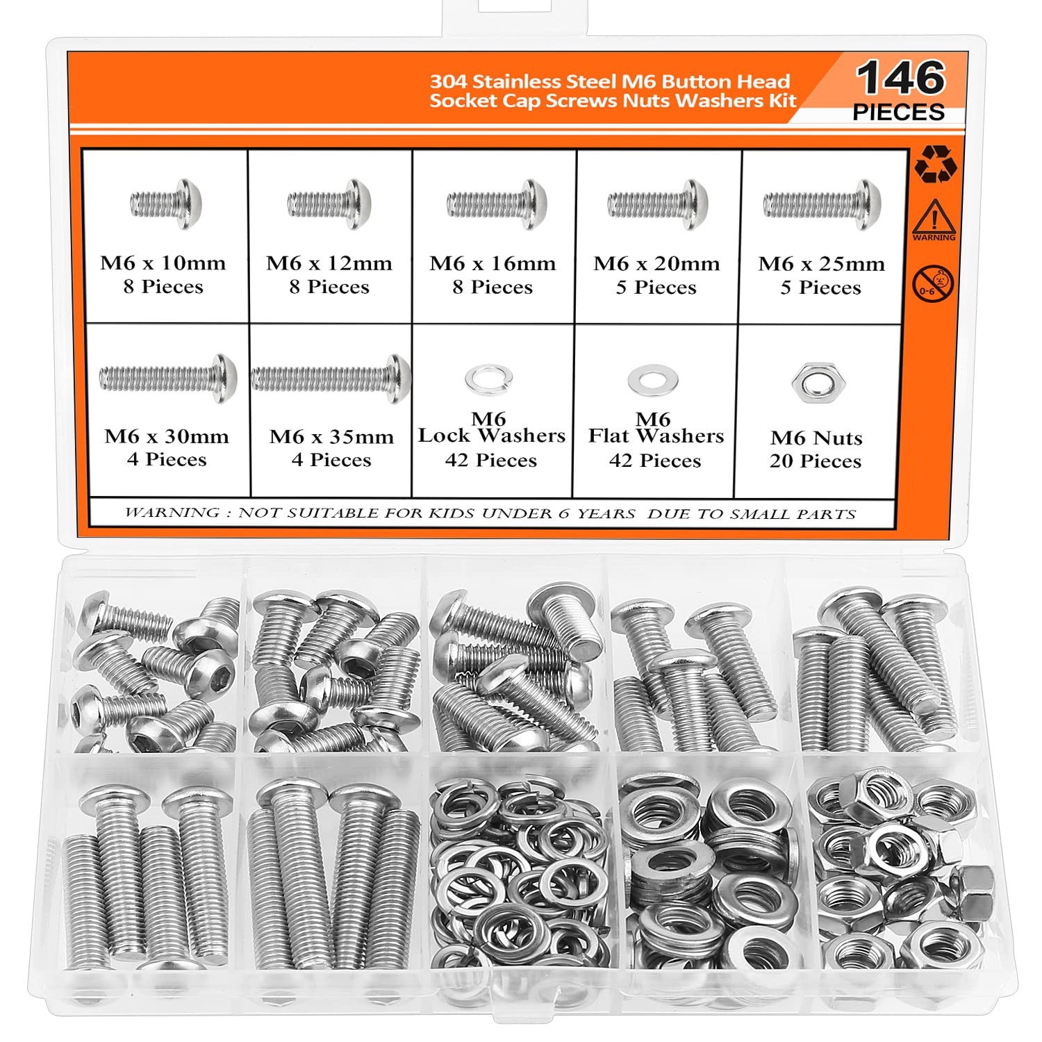 146PCS M6纽扣头304不锈钢内六角螺钉螺栓垫圈螺母组合 跨境盒装