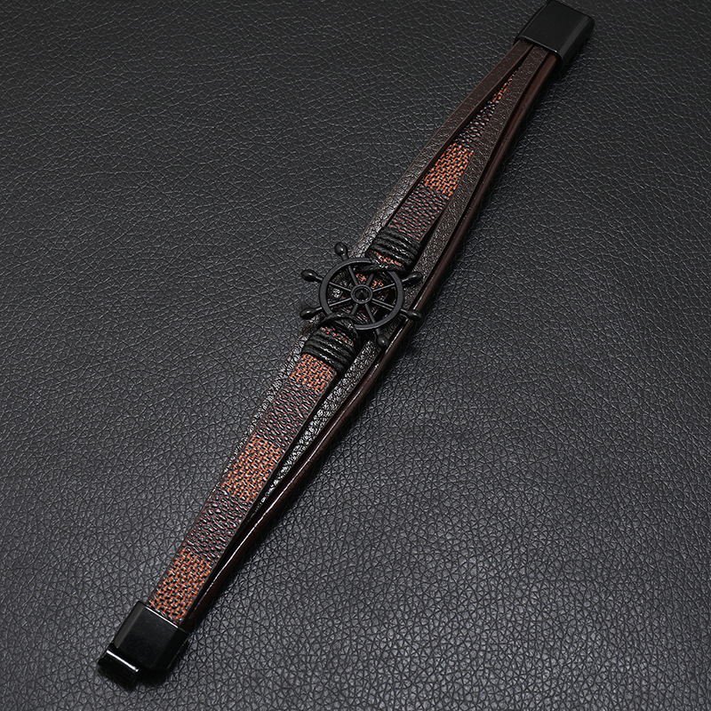 25g Weight Bangle Classification 1 Piece Quantity Daily, Street Occasion Pu Leather, Alloy Material Rudder Pattern Men's Gender Retro Style Retro Rudder Pu Leather Alloy Men's Bangle Men Cord & Leather Bracelets 9