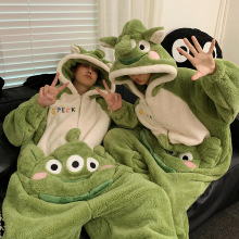 情侣连体睡衣女卡通三眼仔动物可爱秋冬季加厚珊瑚绒男法兰绒冬天