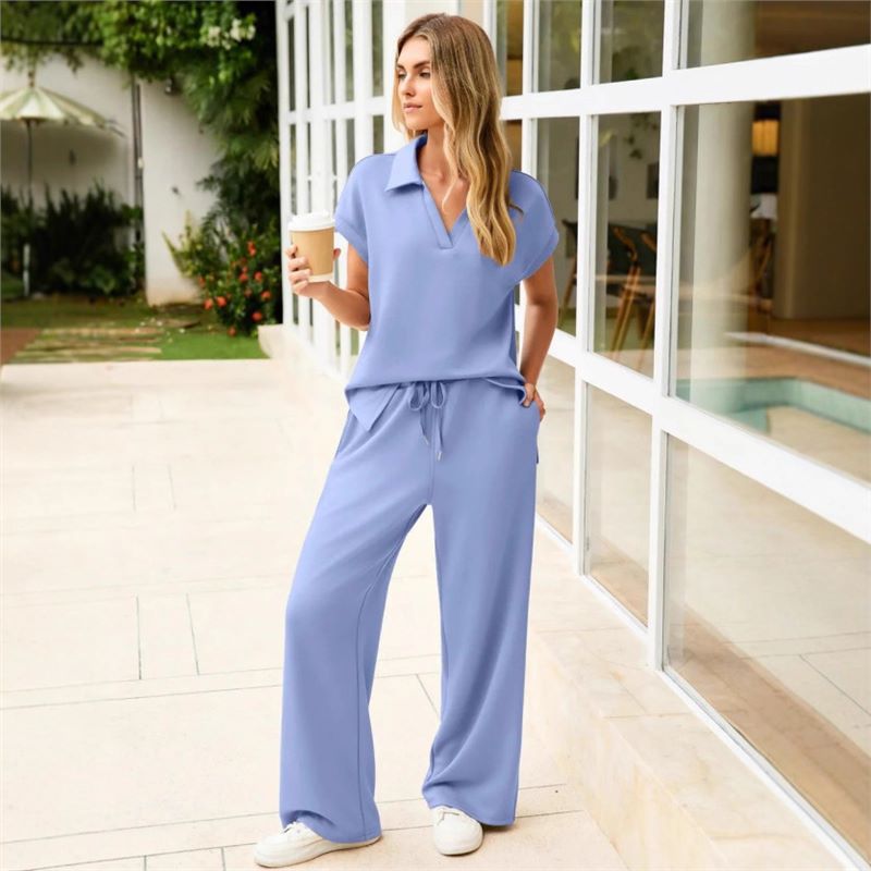 跨境亚马逊欧美女装宽松v领短袖上衣抽绳松紧腰长裤女士时尚套装