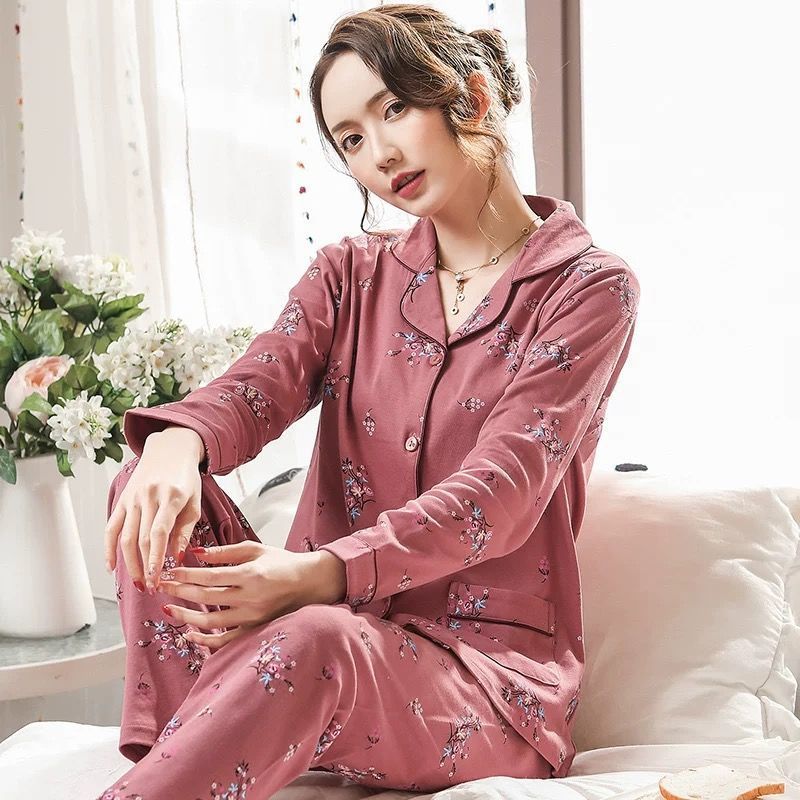 Nueva primavera y otoño manga larga más tamaño % pijamas de algodón para mujeres de mediana edad traje primavera cardigan homewear