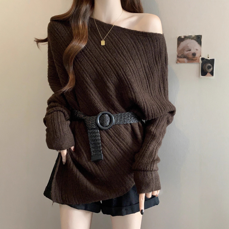 Gray Off-Shoulder Knit Sweater for Women 2025 Autumn Plus Size with Belt Irregular Top