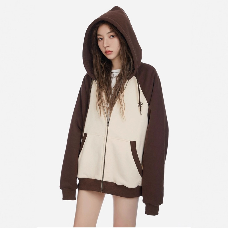 Aderh Heavyweight Hooded Sweatshirt Women's Color Matching Loose Casual Jacket Men's and Women's Loose Profile Zipper Shirt Student Clothing