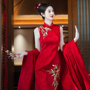 Original New Chinoiserie Improved Red Cheongsam Toast Dress 2025 New Bride Classy Engagement Banquet Dress Shawl