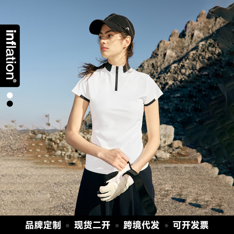 Jie Zhan Women's Clothing | Zipper T-Shirt 2026 Spring/Summer New Lightweight Cool Feel Golf Tennis Commuting Patchwork Short Sleeve