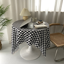 復古黑白棋盤格子桌布ins同款野餐布宿舍擺拍裝飾背景布