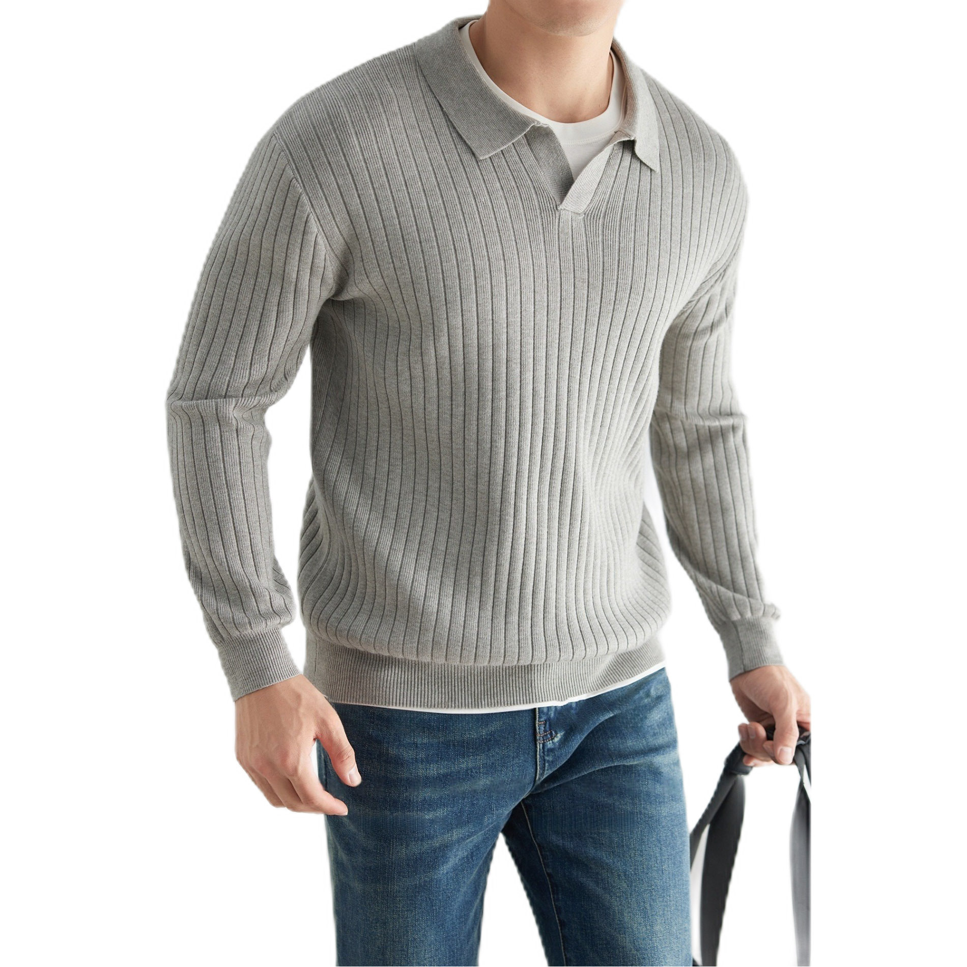 Explosiones transfronterizas de tamaño grande europeo polo camiseta collar V camiseta de punto suéter hombre viejo viento primavera y otoño fábrica al por mayor