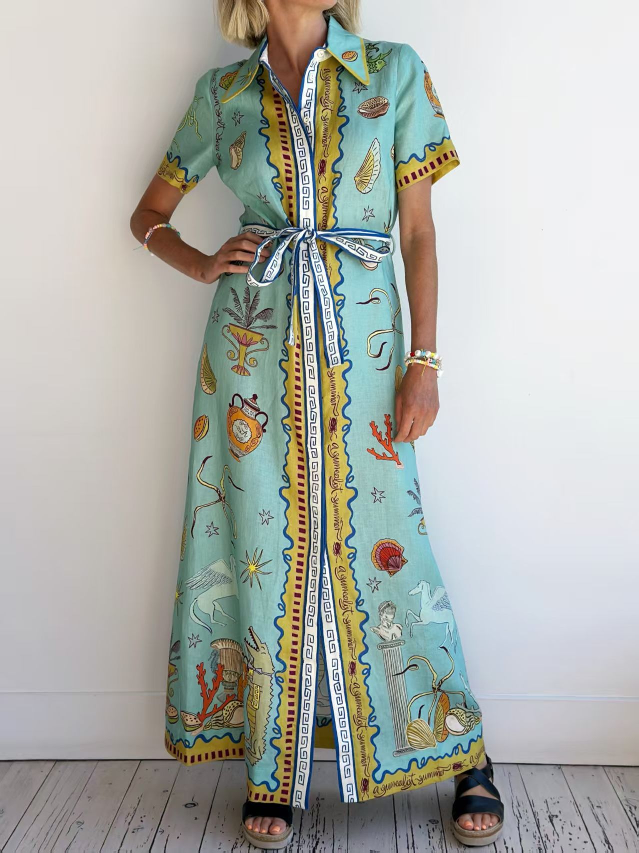 231g Weight Midi Dress Dress Length Type Short Sleeve Sleeve Length A- Line Skirt Dresses Type Wholesale Women's Elegant Marine Style Streetwear Graffiti Holiday Selfie Turndown Short Sleeve A- Line Skirt