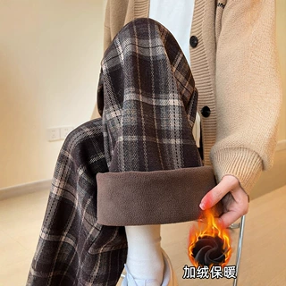 咖色格子阔腿裤女2025新款秋季加绒加厚宽松休闲复古直筒羊羔150