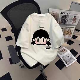 韩系学院风小个子男女童穿搭短袖T恤夏季纯棉卡通小女孩印花上衣