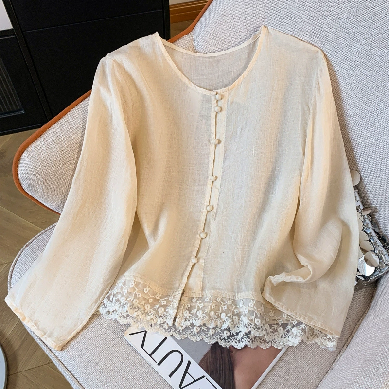 2025 лето новый ретро сплошной цвет литературный хлопок конопля свободный повседневный тонкий кружевной рубашка топ женский