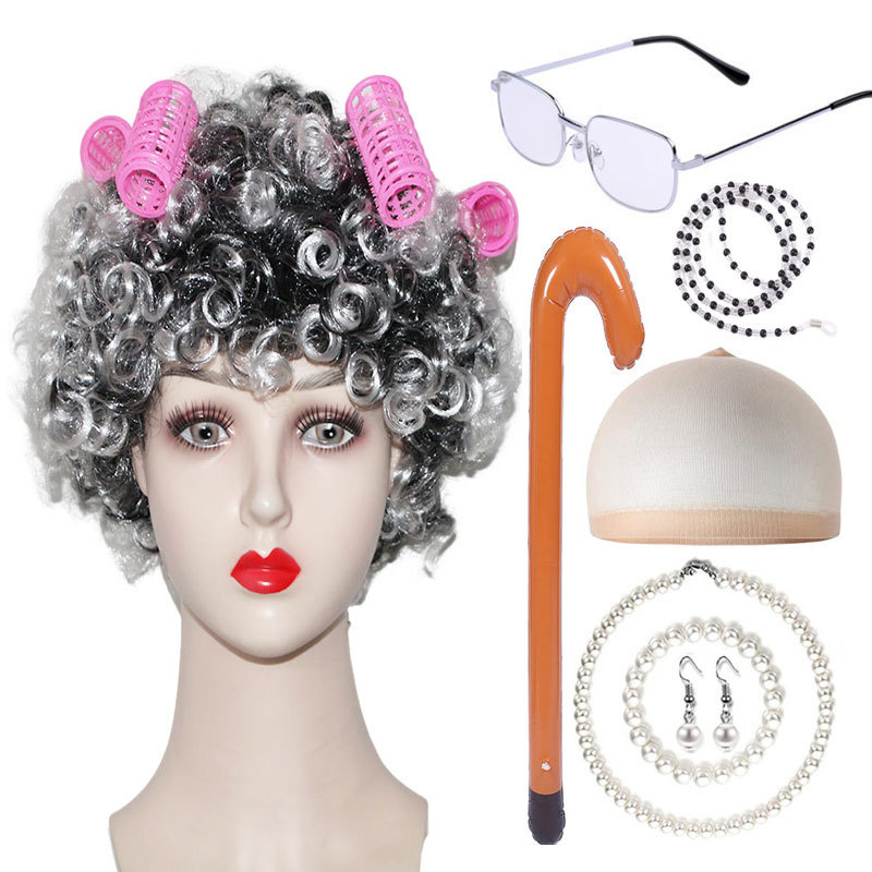 Conjunto de ocho piezas de pelo rizado de color mezclado blanco y negro (con rizador)