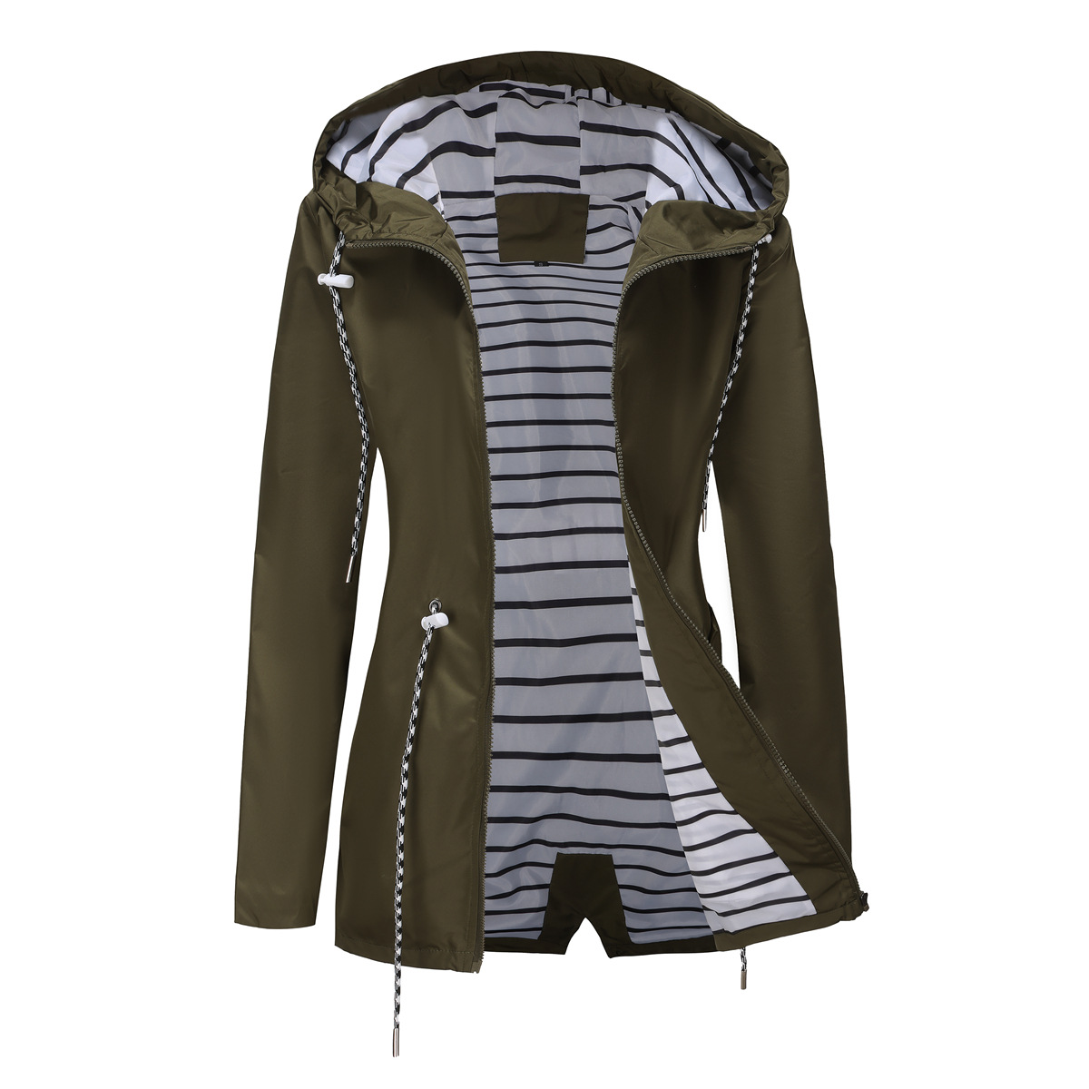 nieuwe lange mouwen anti-spatwater lange windjack dames capuchon gestreepte regenjas cross border plus size dameskleding_voghion.com