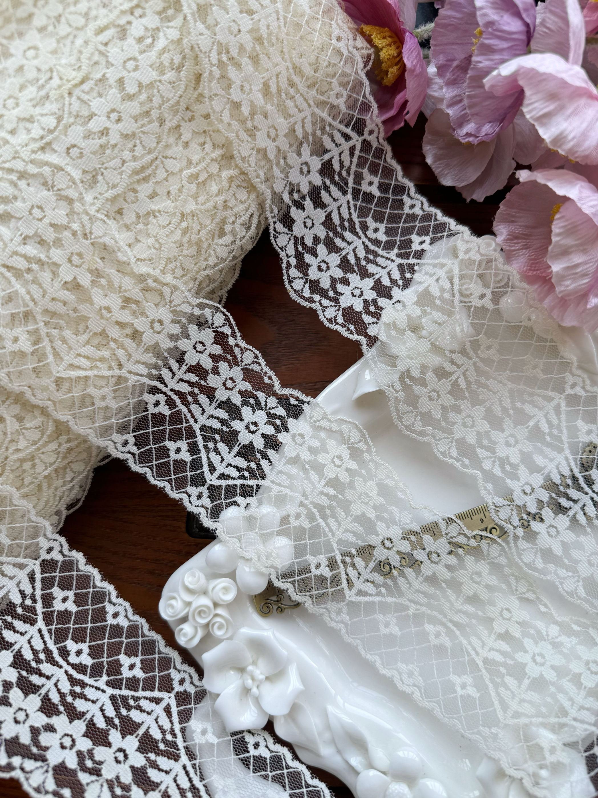 进口古董蕾丝vintage复古年代手工娃衣童装发饰洋装穿丝带花边D7