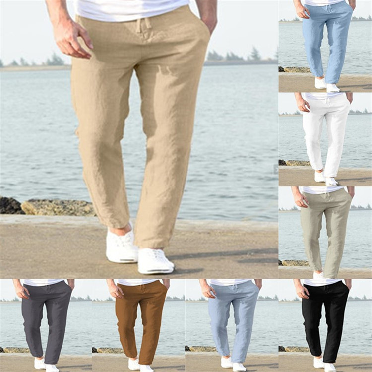 2025 New Men's Linen Summer Casual Pants Drawstring Elastic Waist Solid Color Breathable Daily Pencil Slim Fit Trousers