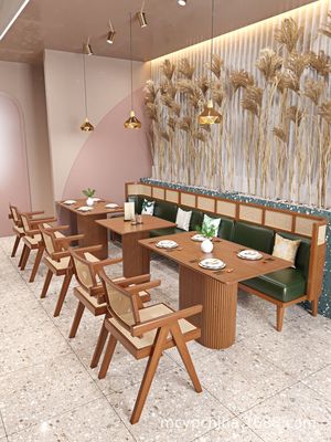 高档餐厅实木卡座 编藤餐椅连锁餐厅中式风饭店东南亚 咖啡厅卡座
