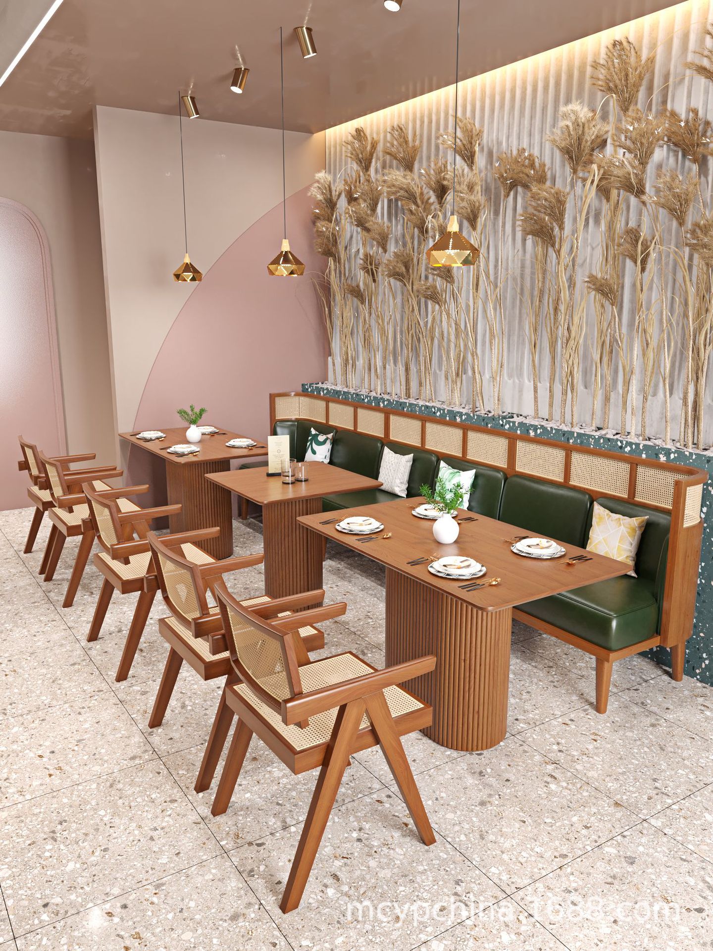 高档餐厅实木卡座 编藤餐椅连锁餐厅中式风饭店东南亚 咖啡厅卡座