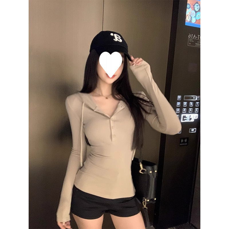 原版人棉面料 韩系连帽长袖T恤女休闲百搭春季修身显瘦小众上衣|undefined