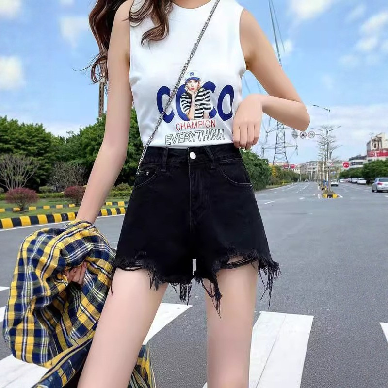 Black Denim Shorts for Women, Summer High-Waisted New Style, Raw Edges, Holes, Loose, Slimming Hot Pants, Drop Shipping
