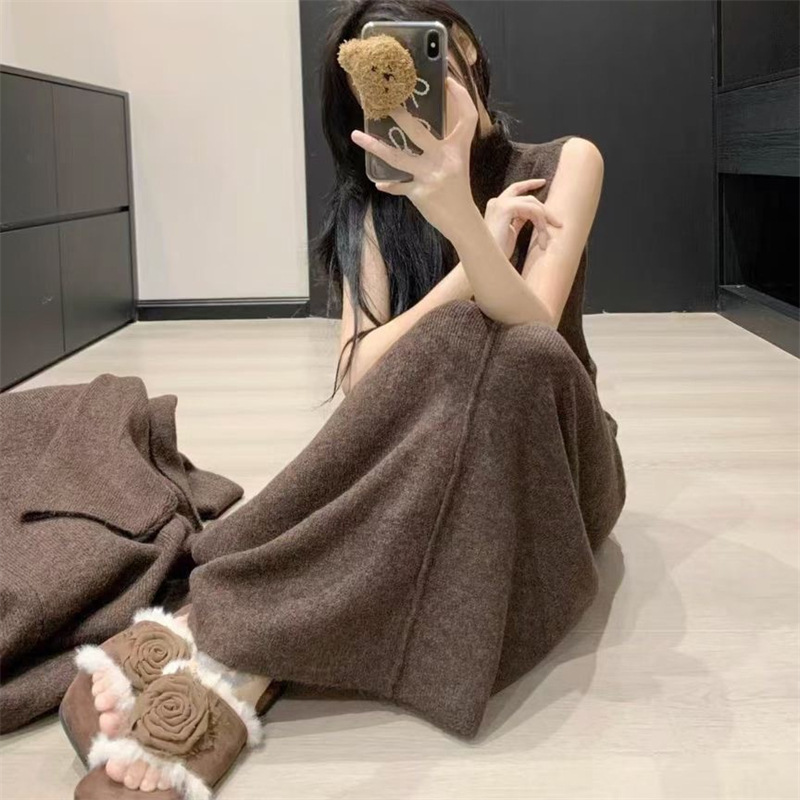 香港スタイルのレトロなロングセータースーツ女性のための秋と冬の新しい怠惰なスタイルのニットカーディガン気質ドレスツーピースセット|undefined