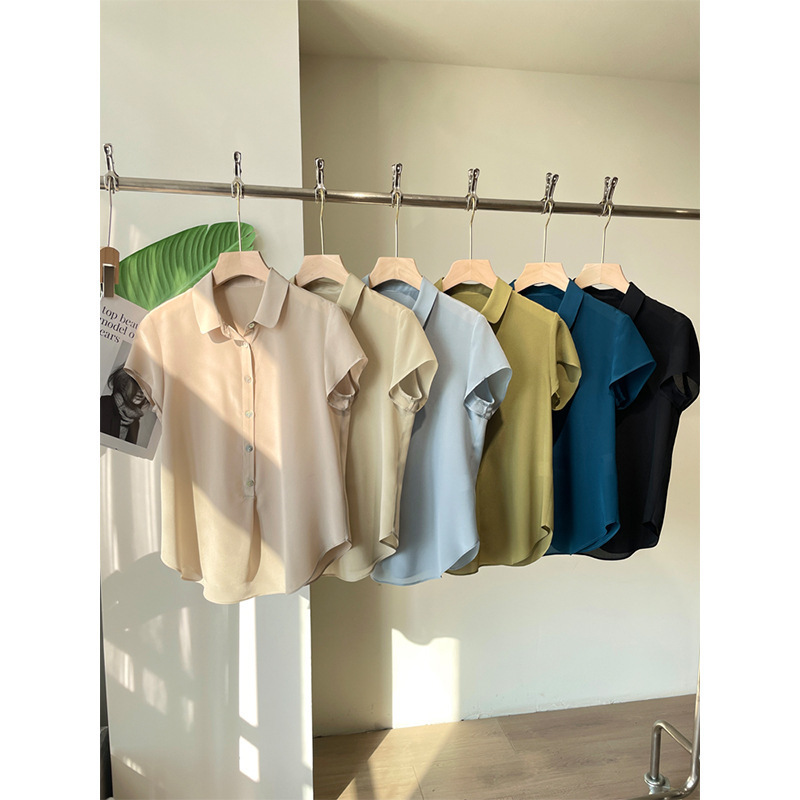 Silk Shirt for Women, Short-Sleeved, 2026 Summer Style, Mulberry Silk, Unique Design, Turn-Down Collar, Elegant, High-End, Commuter White T-Shirt Silk Shirt for Women, Short-Sleeved, 2026 Summer Style, Mulberry Silk, Unique Design, Turn-Down Collar, Elegant, High-End, Commuter White T-Shirt
