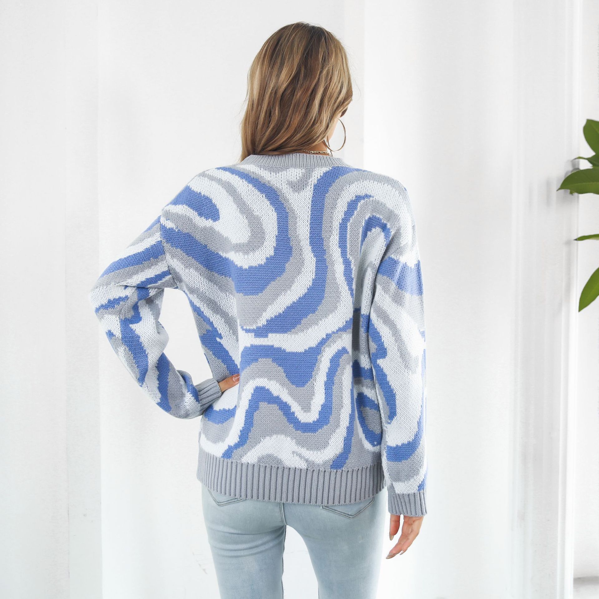 Tie Dyed Brocade Sweater Women Loose Autumn Winter Long-Sleeved Casual Knitwear Sweater