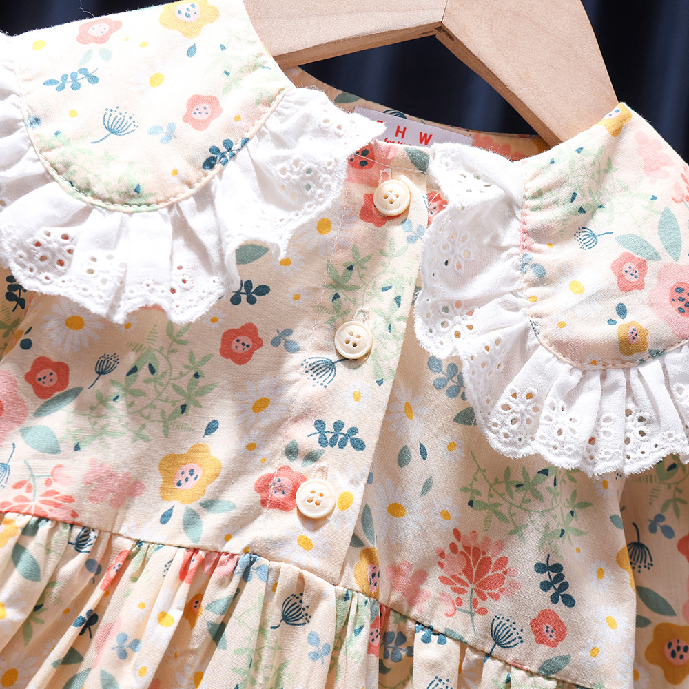 Turndown Neckline Regular Fit Fit Type Flower Pattern Autumn Season Fashion Flower Printing Cotton Girls Dresses