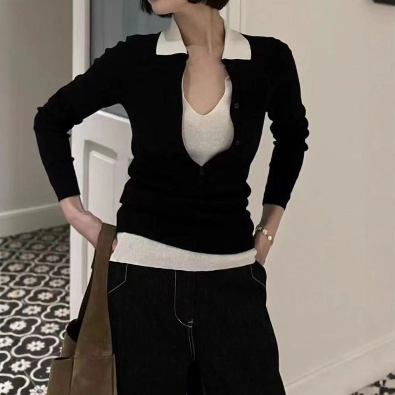 甜酷风POLO领撞色假两件长袖针织衫女秋季设计感修身显瘦气质上衣|undefined