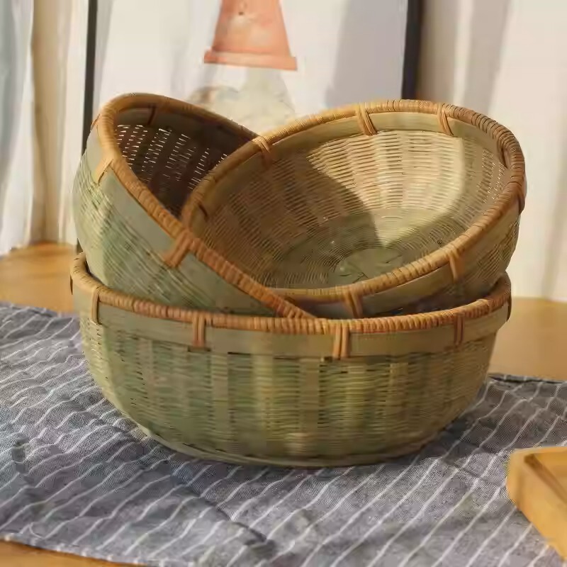 Three-Piece Set of Woven Bamboo Baskets with Smooth Edges, Bamboo Woven Kitchen Steamer Basket, Bamboo Green Silk Household Steamer Basket