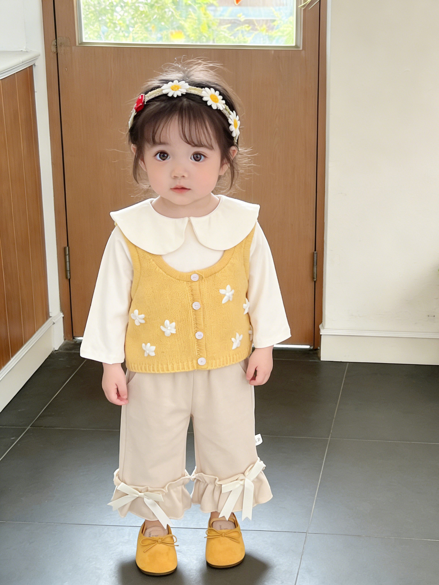 Ropa de primavera de niñas coreana dulce chaleco de punto de flor nueva ropa de bebé plegable con chaleco de vestir exterior