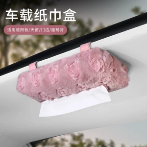 Car Sun Visor Tissue Box, Plush Rose Tissue Box for Car, Light Luxury High-Quality Texture Car Interior Storage Tissue Box