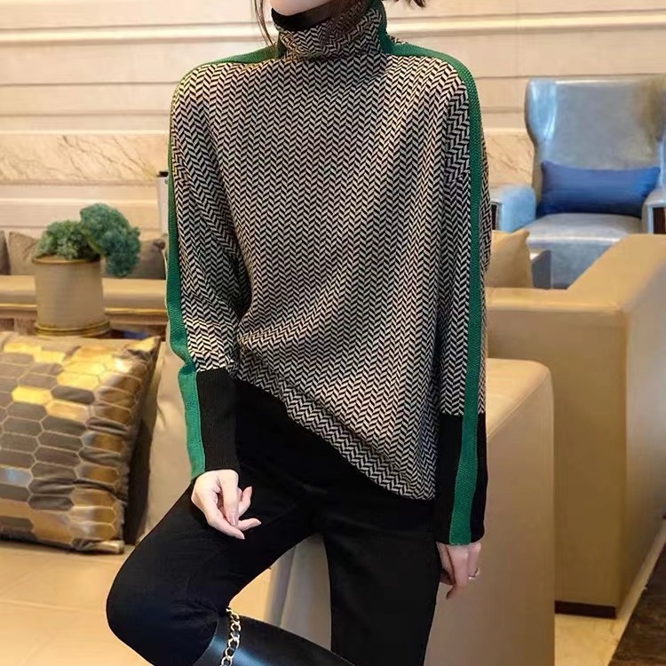 Suéter de cuello alto con rayas y patchwork estilo casual para mujer, jersey holgado de punto para primavera y otoño 2026, manga larga adelgazante.