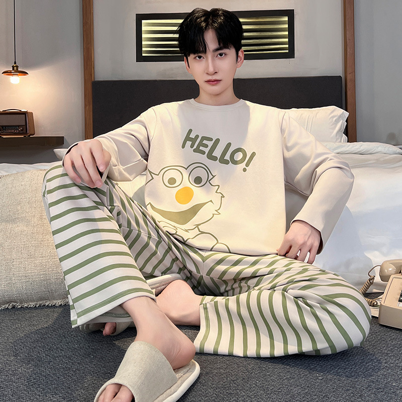 Pure Cotton Men's Pajamas Spring and Autum New Cartoon Student Round Neck Can Be Worn Outside Cotton Home Clothes Autum Suit