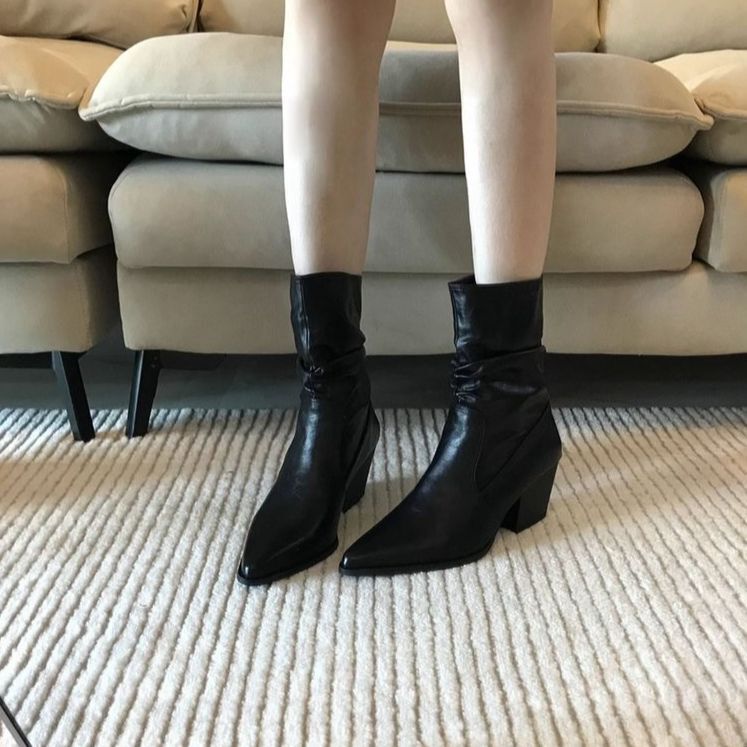 French Pointed Toe High Heels, Pleated Thick Heels, Slim Boots, New Autumn and Winter Ankle Boots, Chelsea Short Boots
