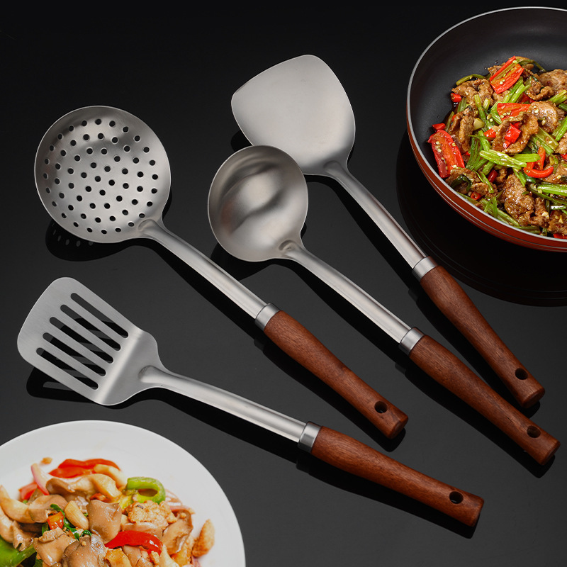 Espátula de acero inoxidable gruesa con mango de madera, cocina, cocina, cocina, pala, cuchara, colador, cuchara de cocina de acero inoxidable para el hogar