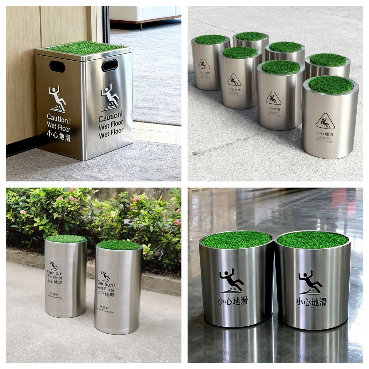 不锈钢接水桶景观装饰桶仿真草坪小心地滑商用草坪花筒logo定制