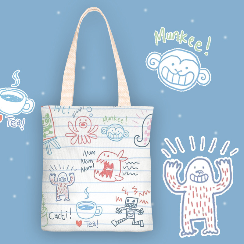 卡通帆布包女单肩包手绘卡通学生个性手提帆布包袋购物袋子