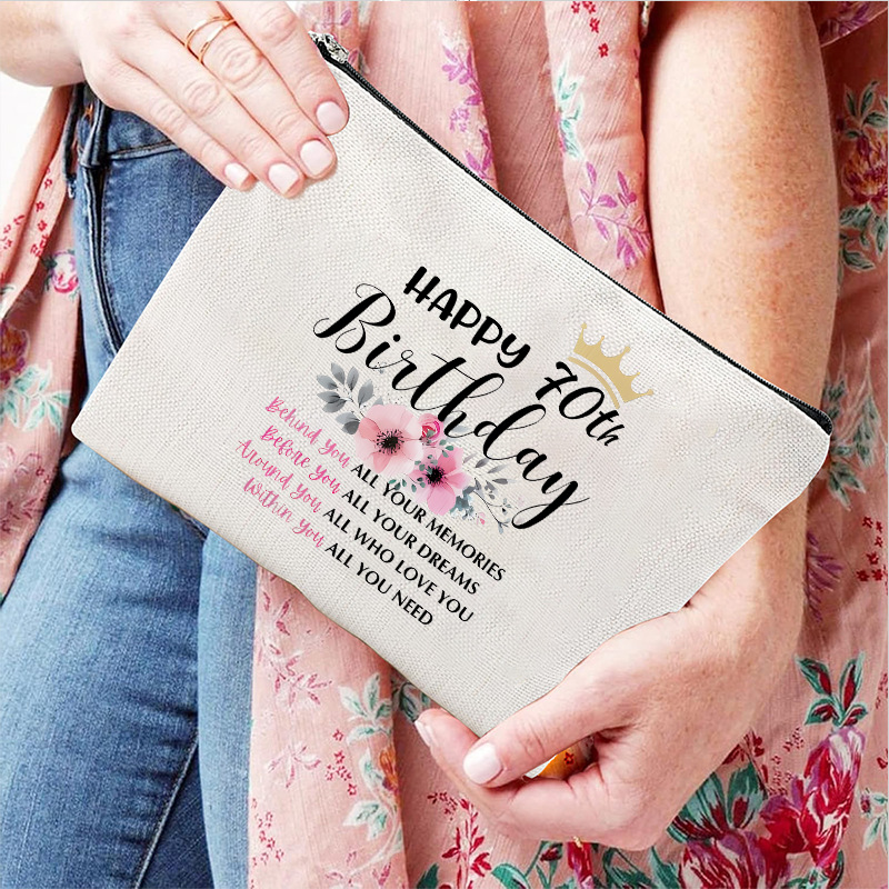 Bolso de maquillaje transfronterizo para mujer de Amazon, bolsa de maquillaje de cumpleaños de 70 años, bolsa de almacenamiento, bolsa de lino impermeable con cremallera