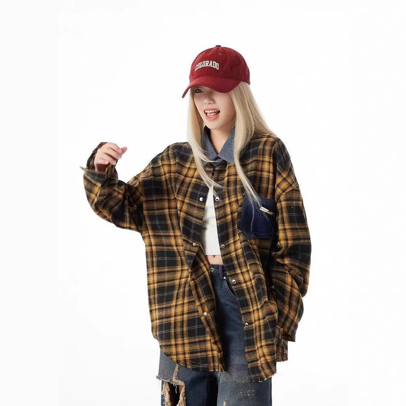 American Style Retro Original High-end Outer Wearing Plaid Shirt Women's Retro Loose All-match Early Autumn Yellow Plaid Shirt