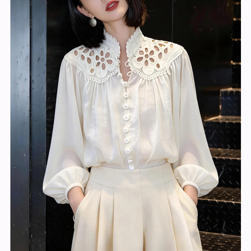 Vintage Lace Hollow-Out Embroidered Lantern Sleeve White Shirt for Women, 2026 Spring Design, Stylish and Youthful, Slimming Top